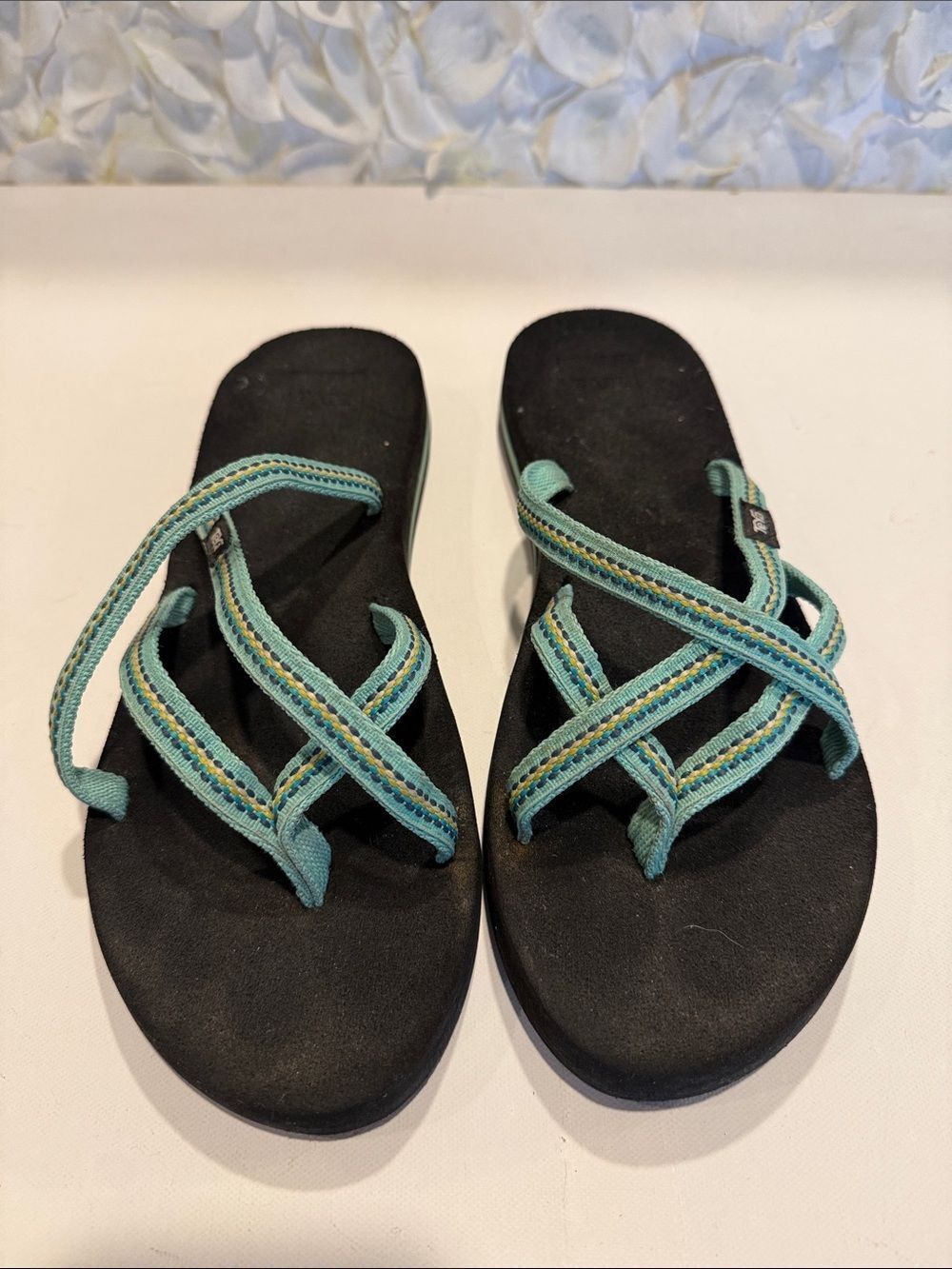 Teva Black Sandals with Teal Straps and Yellow Stitching